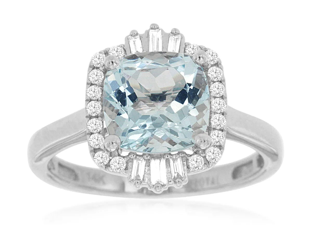 14K White Gold Aquamarine and Diamond Halo Ring