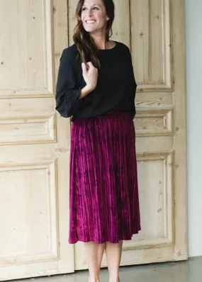 Burgundy Velvet Pleated Midi Skirt - FINAL SALE