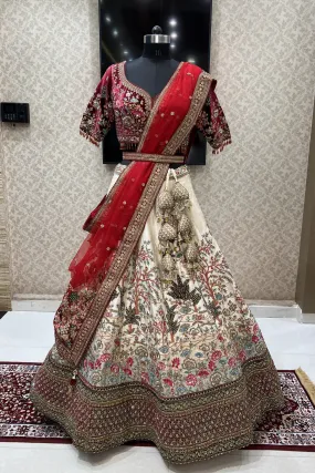 Cream with Maroon Multicolor Embroidery work Crop Top Designer Bridal Lehenga