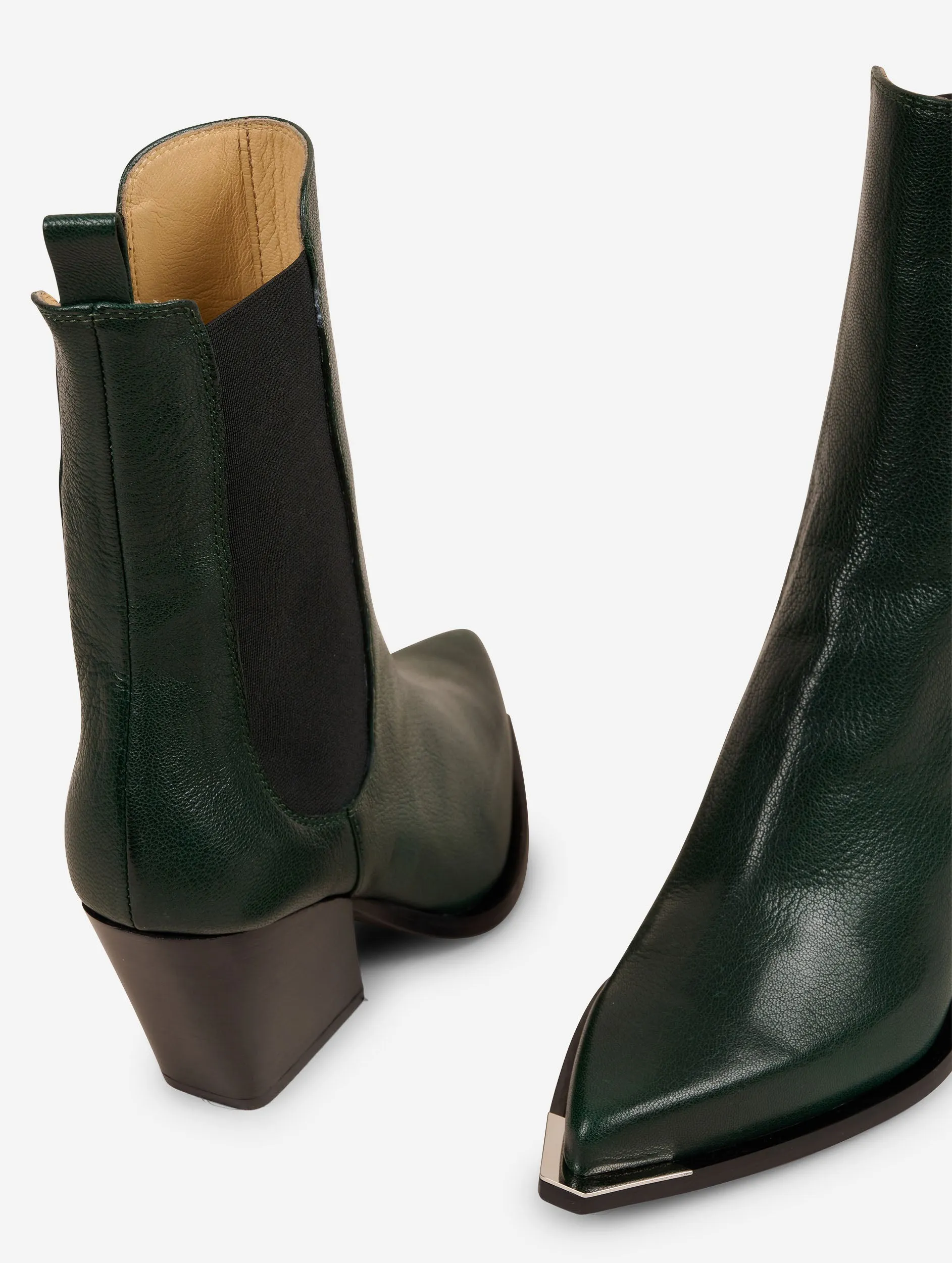 Elasticated green leather ankle boots