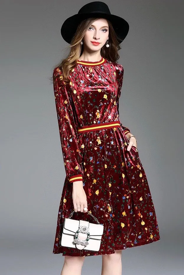 Floral Print Velvet Midi Dress