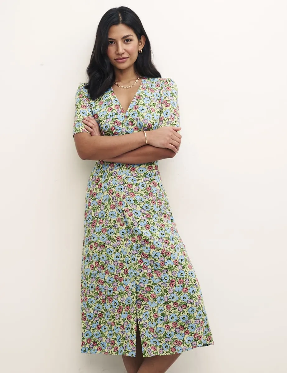 Green Floral Alexa Midi with Shirring Dress