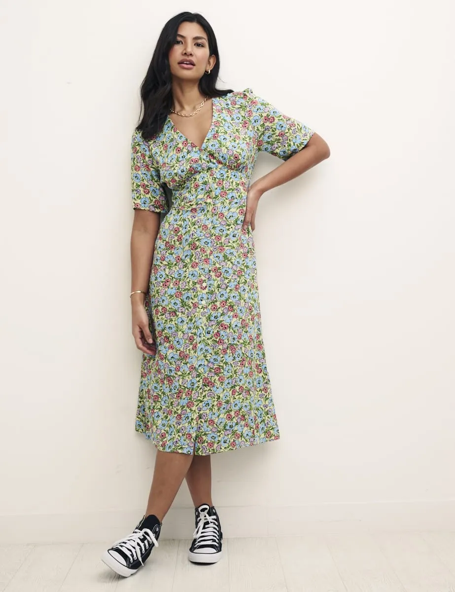 Green Floral Alexa Midi with Shirring Dress