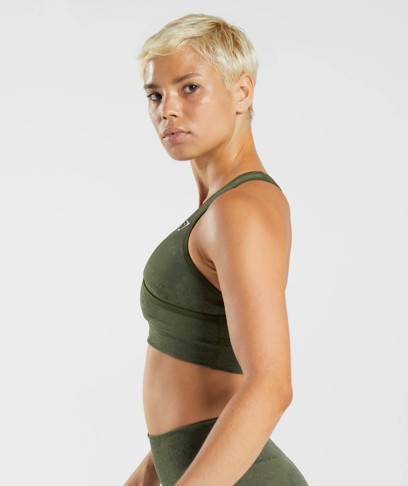 Gymshark Adapt Camo Seamless Sports Bra - Lava | Moss Olive/Core Olive