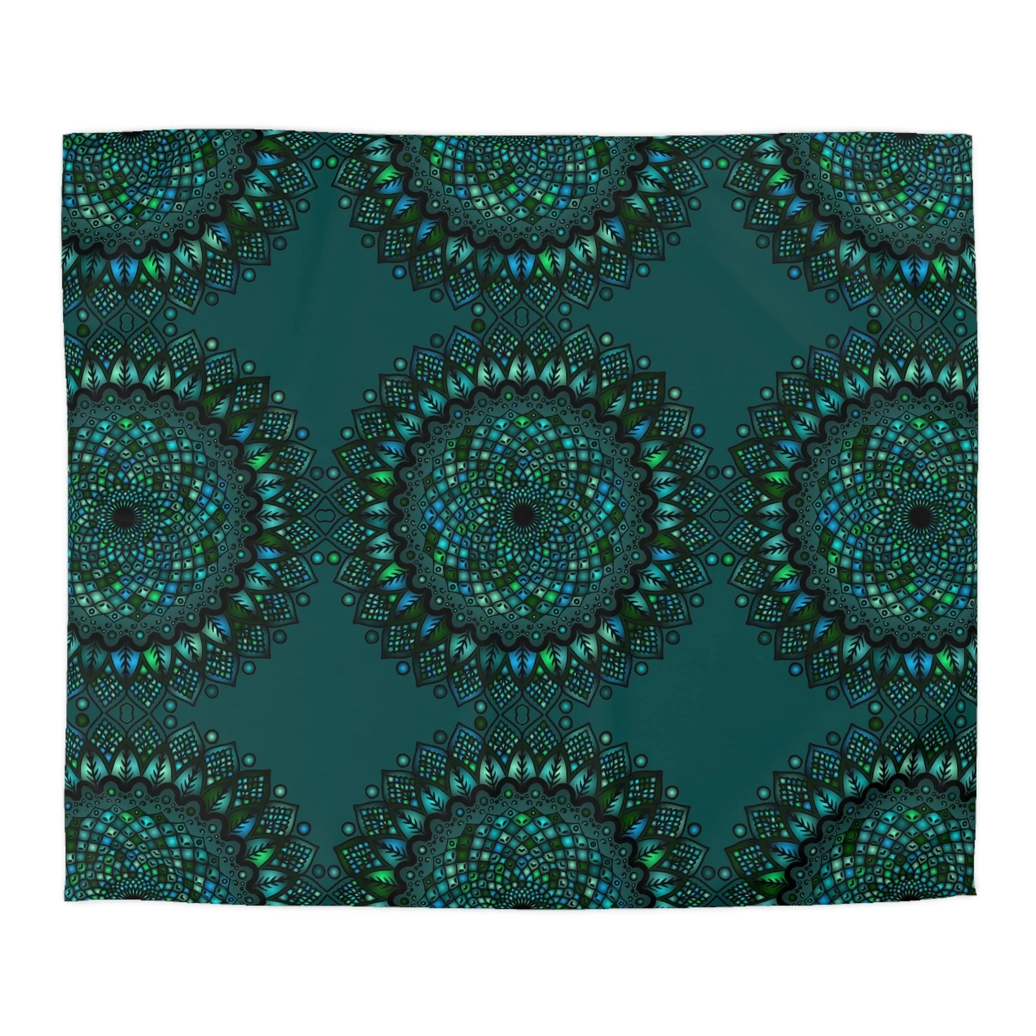 Handmade Mandala Art Microfiber Duvet Cover - Green Mandala on Dark Petroleum Green