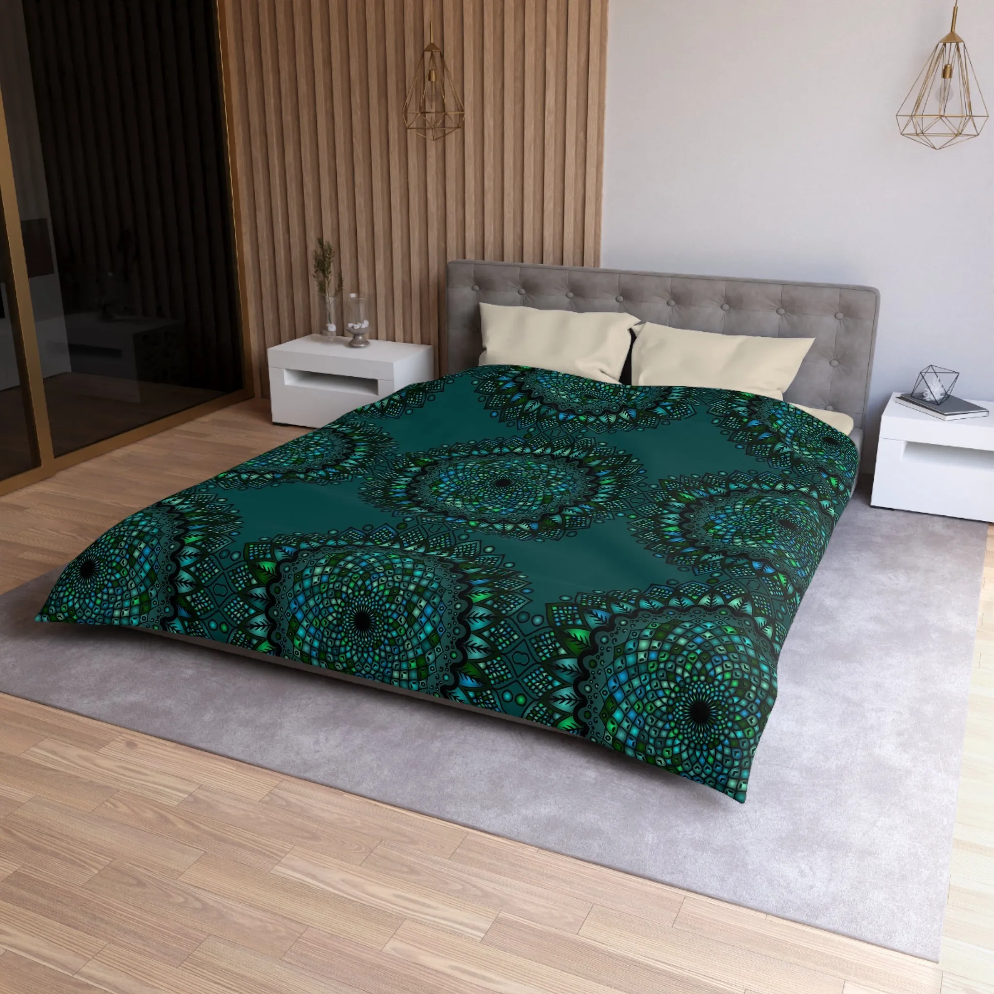 Handmade Mandala Art Microfiber Duvet Cover - Green Mandala on Dark Petroleum Green