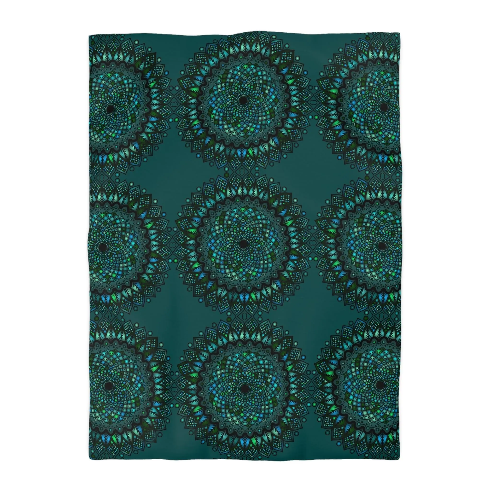 Handmade Mandala Art Microfiber Duvet Cover - Green Mandala on Dark Petroleum Green