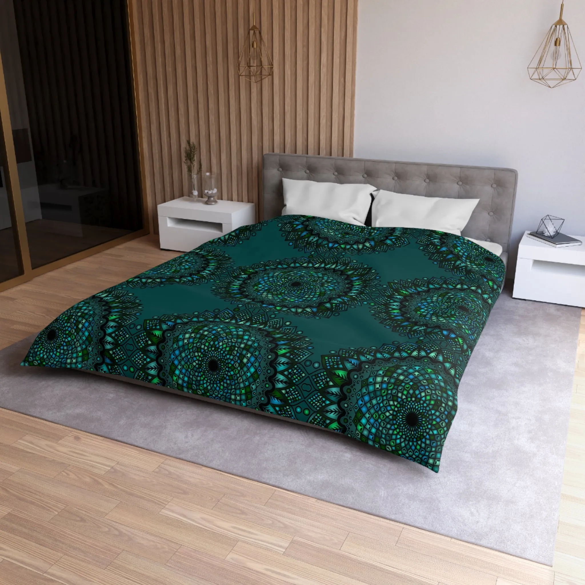 Handmade Mandala Art Microfiber Duvet Cover - Green Mandala on Dark Petroleum Green