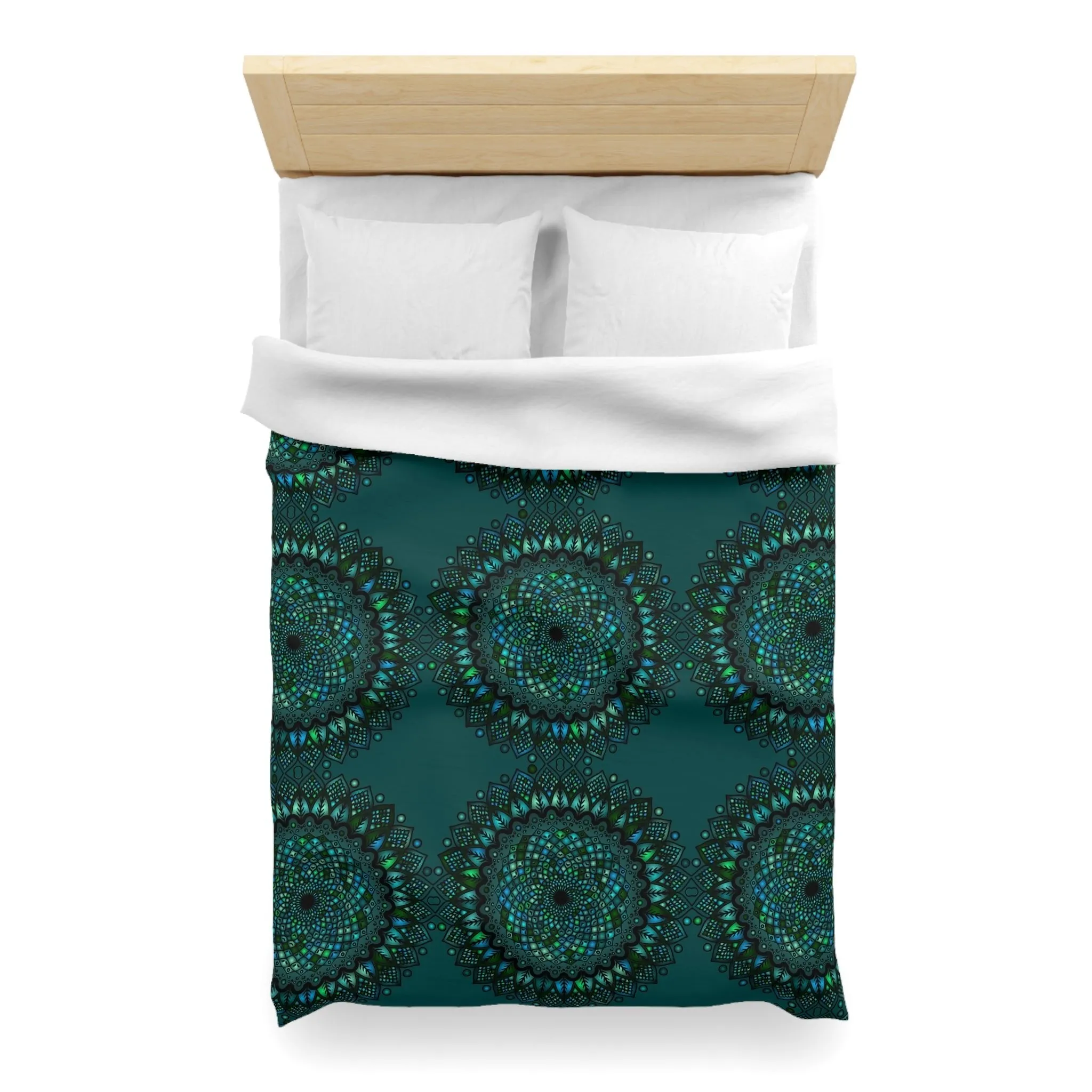 Handmade Mandala Art Microfiber Duvet Cover - Green Mandala on Dark Petroleum Green