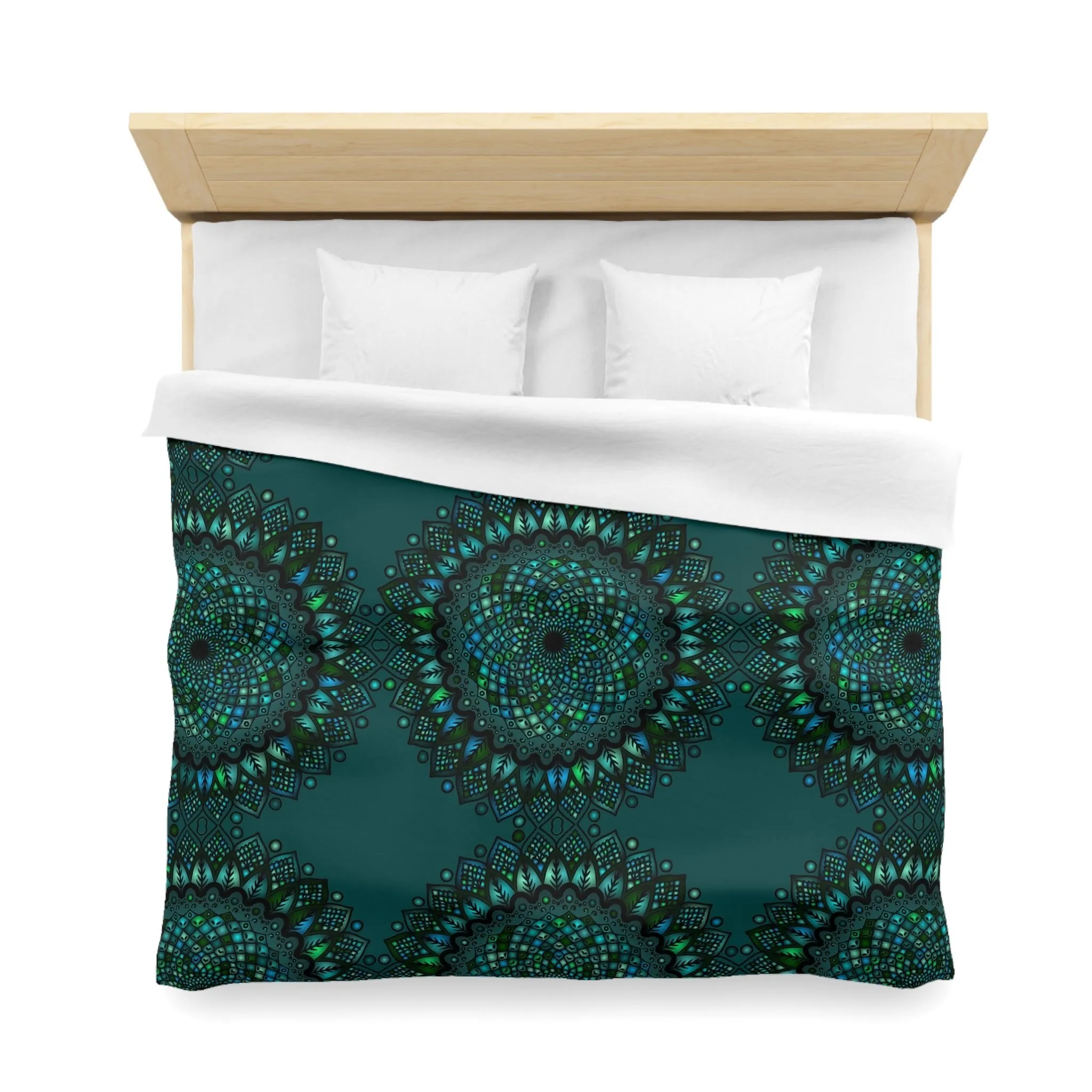 Handmade Mandala Art Microfiber Duvet Cover - Green Mandala on Dark Petroleum Green