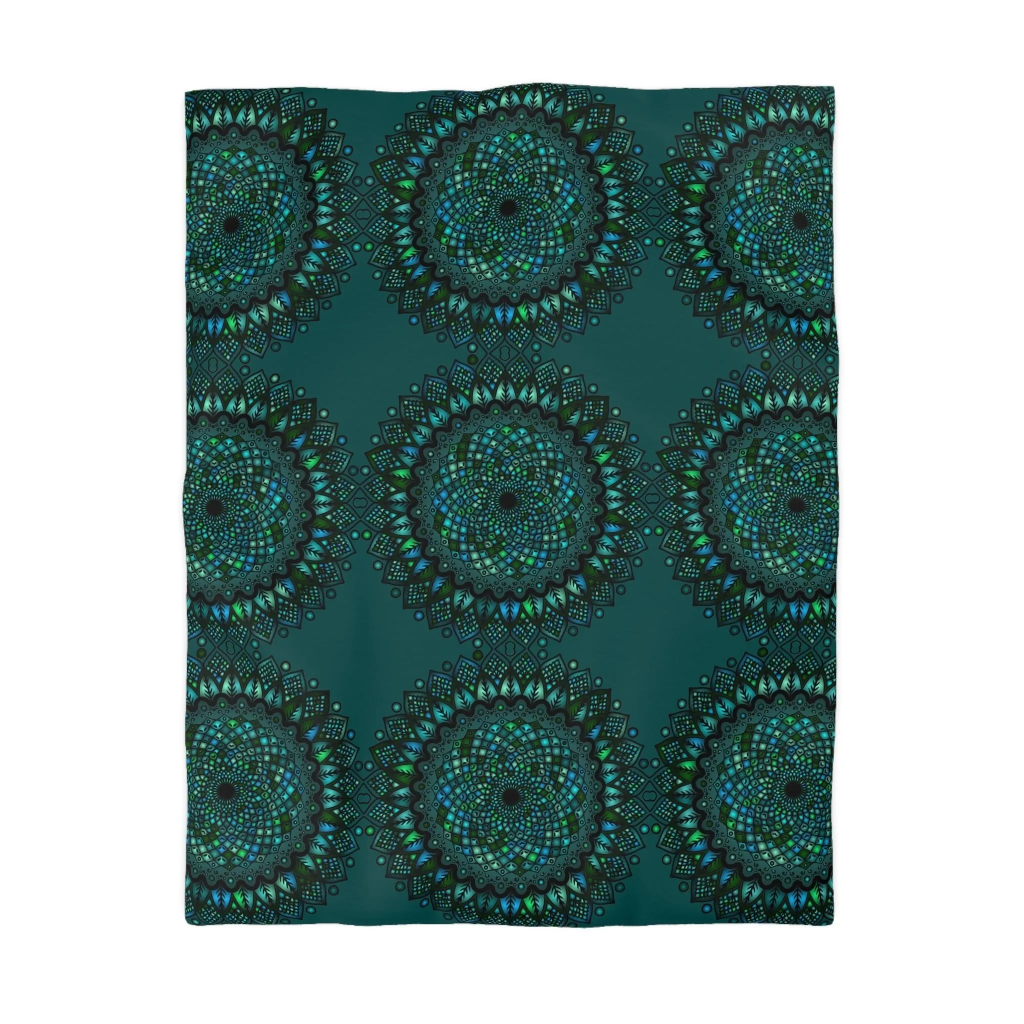 Handmade Mandala Art Microfiber Duvet Cover - Green Mandala on Dark Petroleum Green