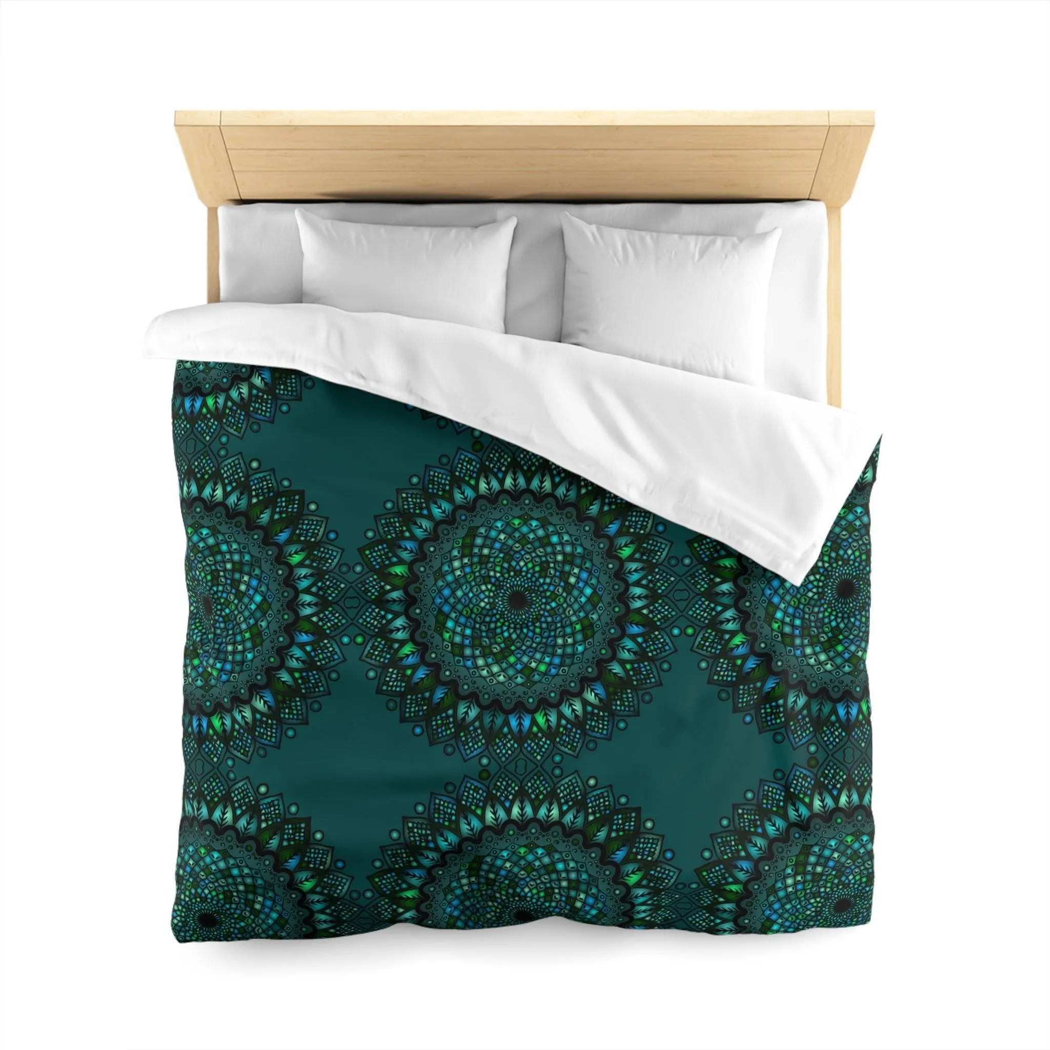 Handmade Mandala Art Microfiber Duvet Cover - Green Mandala on Dark Petroleum Green