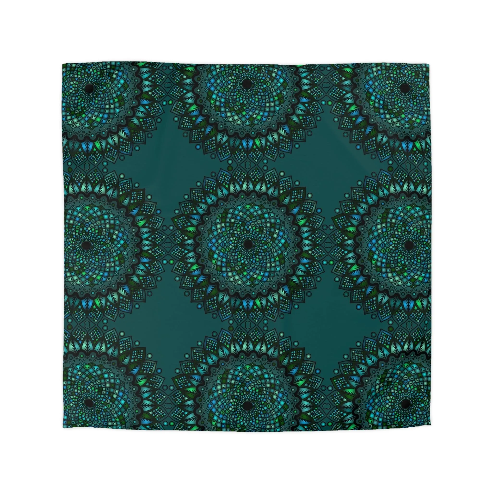 Handmade Mandala Art Microfiber Duvet Cover - Green Mandala on Dark Petroleum Green