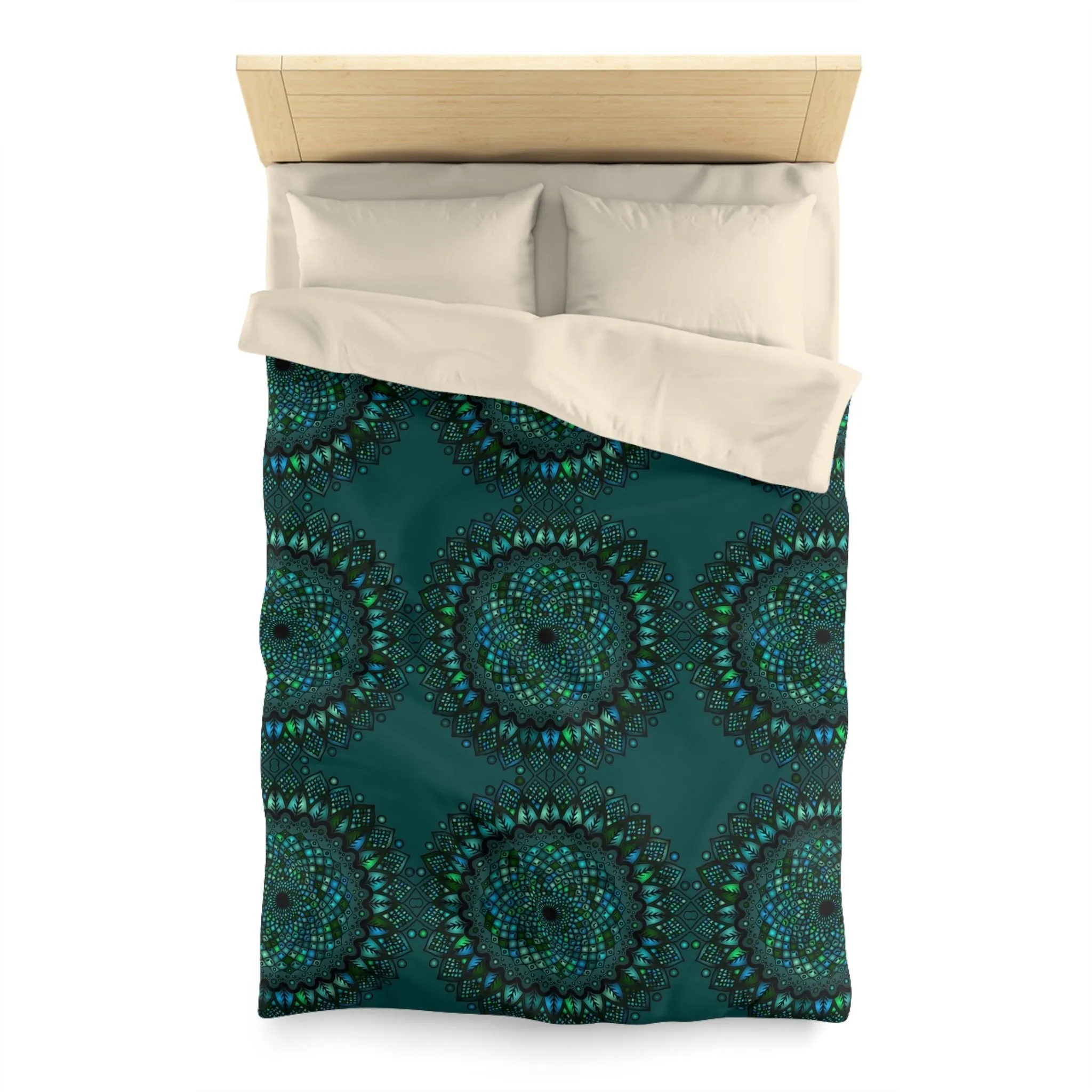 Handmade Mandala Art Microfiber Duvet Cover - Green Mandala on Dark Petroleum Green