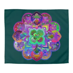 Handmade Mandala Design Microfiber Duvet Cover - Colorful Mandala on Dark Petroleum Green Background