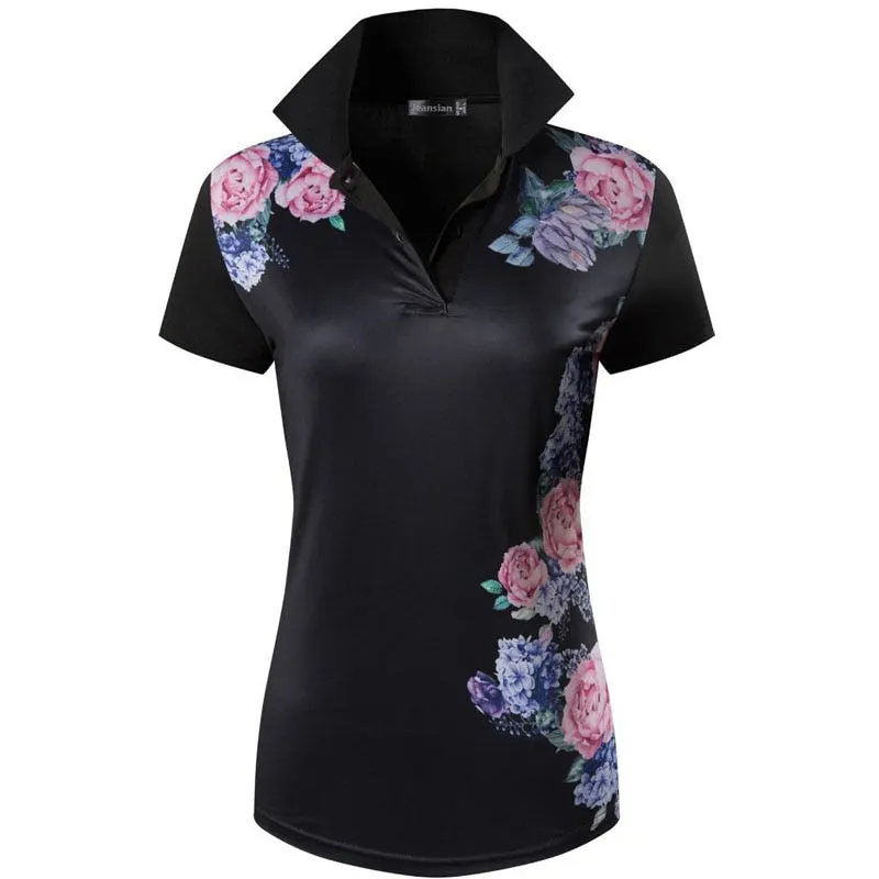 jeansian Style Women Casual Short Sleeve T-Shirt Floral Print Polo Golf Polos Tennis Badminton Black