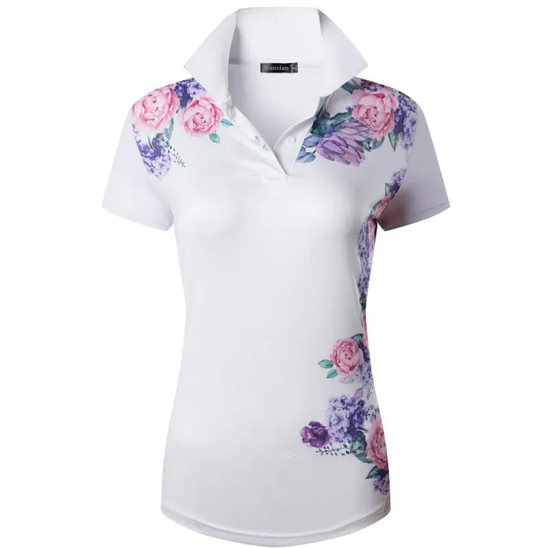 jeansian Style Women Casual Short Sleeve T-Shirt Floral Print Polo Golf Polos Tennis Badminton Black