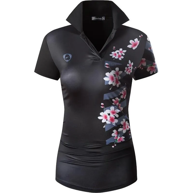 jeansian Style Women Casual Short Sleeve T-Shirt Floral Print Polo Golf Polos Tennis Badminton Black