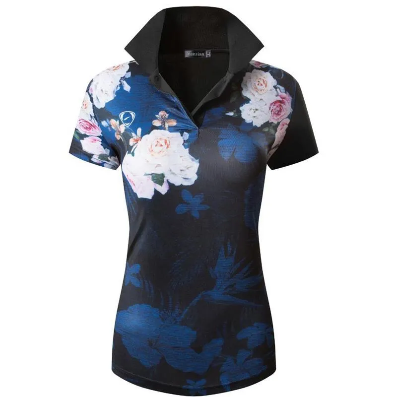 jeansian Style Women Casual Short Sleeve T-Shirt Floral Print Polo Golf Polos Tennis Badminton Black