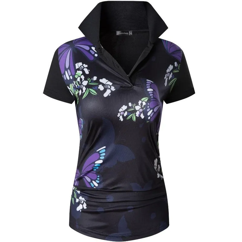 jeansian Style Women Casual Short Sleeve T-Shirt Floral Print Polo Golf Polos Tennis Badminton Black