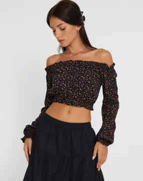 Madley Long Sleeve Bardot Top in Dark Pink Rose Black