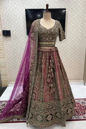 Magenta with Green Zari, Sequins, Stone and Thread work Crop Top Designer Bridal Lehenga