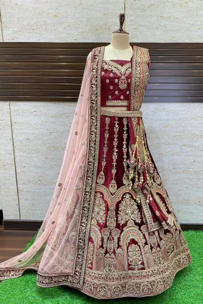 Maroon Golden Zari, Stone and Sequins work Semi-Stitched Designer Bridal Lehenga