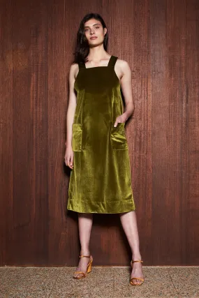 MOSS PINAFORE [ Green Chartreuse Velvet, Sleeveless Dress ]