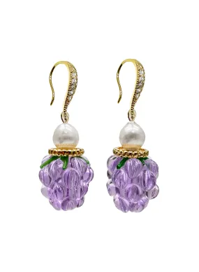 Purple Glass Raspberry with Freshwater Pearls Earrings LE015