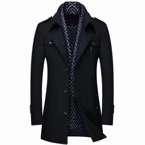 RUEL Design Men's Fashion Premium Quality Black Stylish Long Wool Blend Trench Coat Jacket