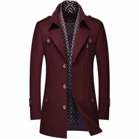 RUEL Design Men's Fashion Premium Quality Burgundy Red Stylish Long Wool Blend Trench Coat Jacket