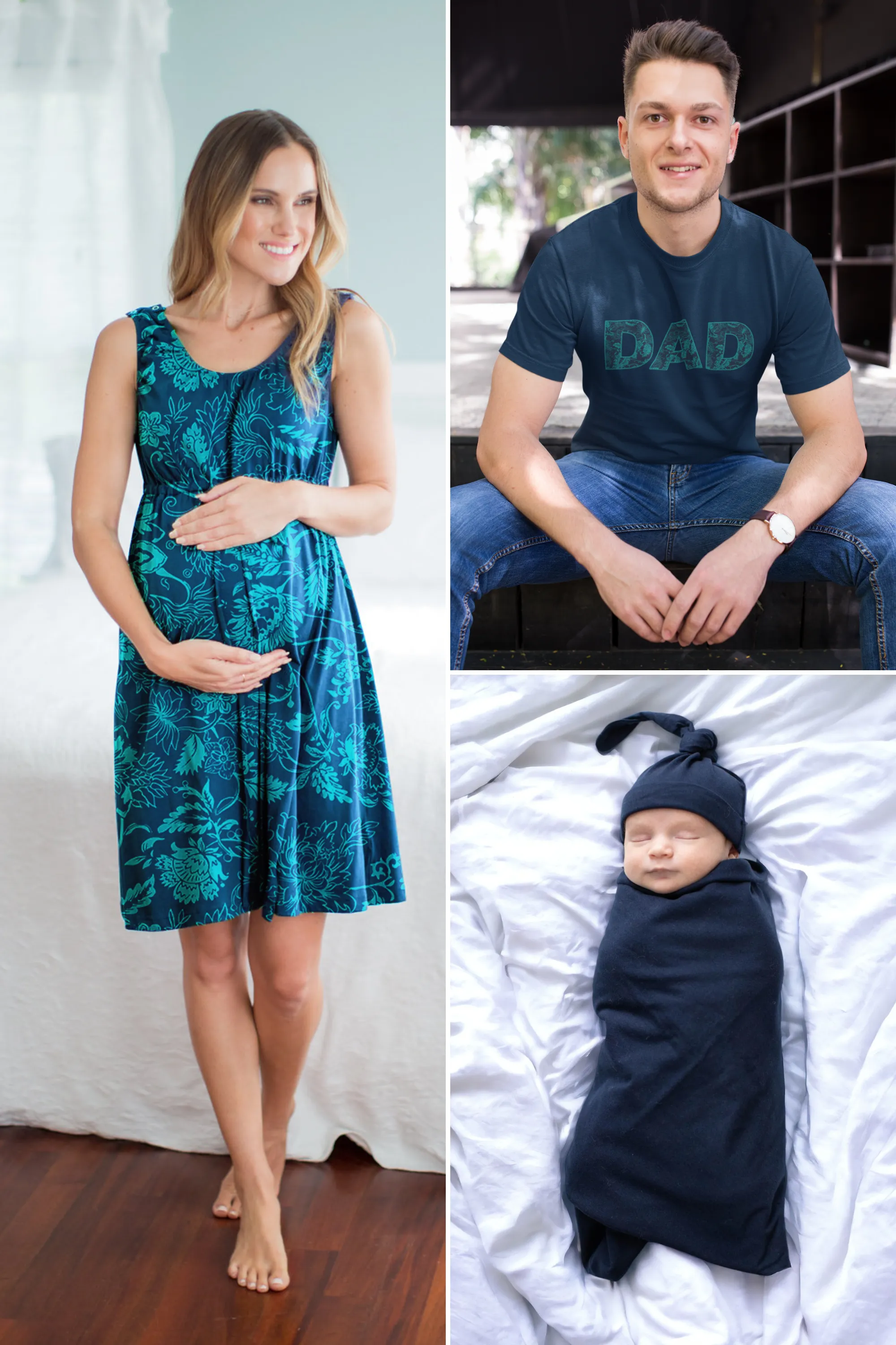 Sloane Labor Gown & Navy Swaddle Set & Dad T-Shirt