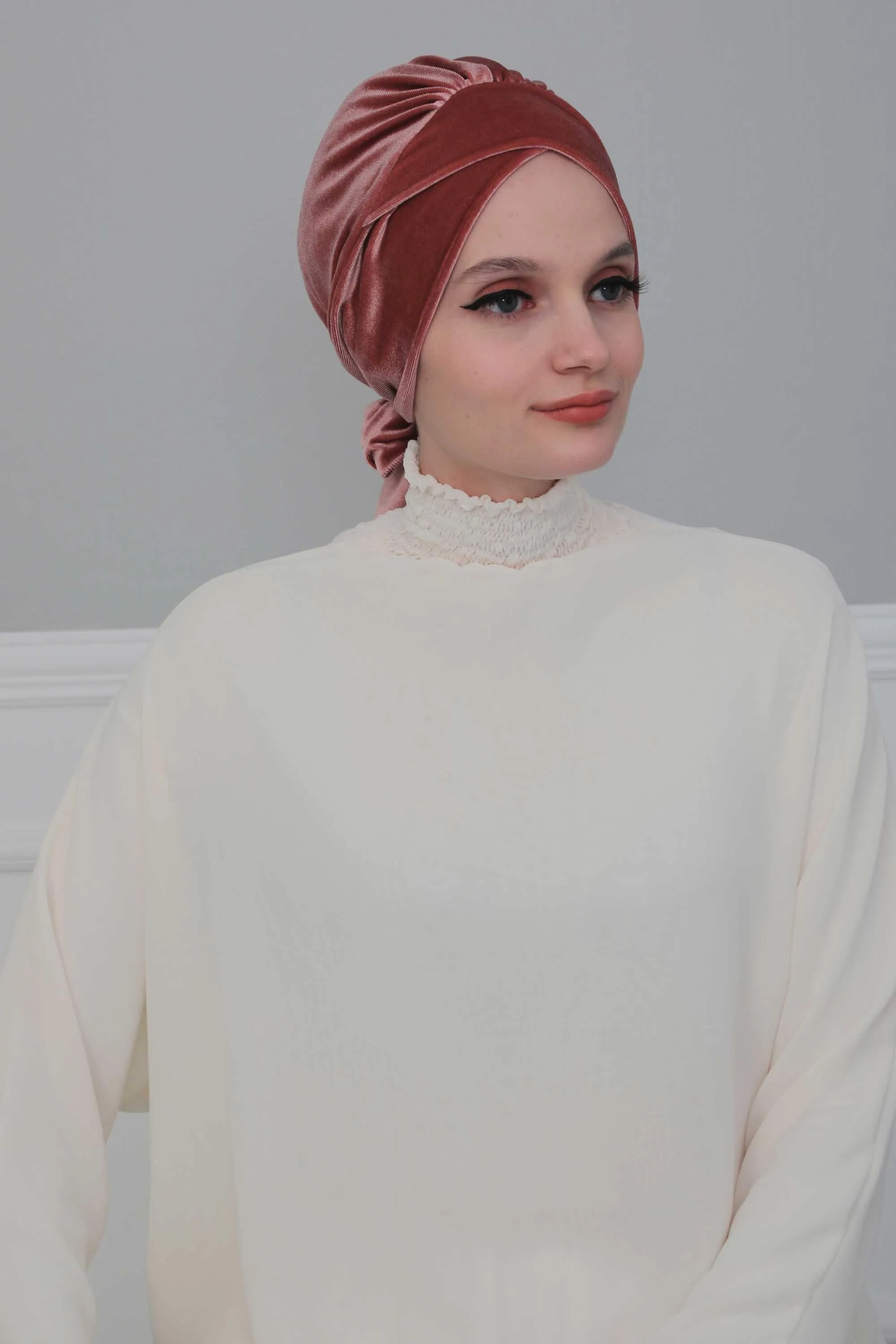 Velvet Instant Turban Cap with Long Tails at the Back Side, Lightweight Turban Head Cover for Women, Velvet Chemo Headwear Bonnet Cap,B-31K