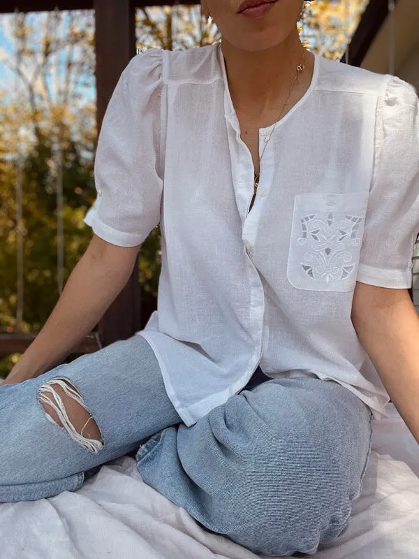 Vintage White Cotton Short-Sleeved Blouse