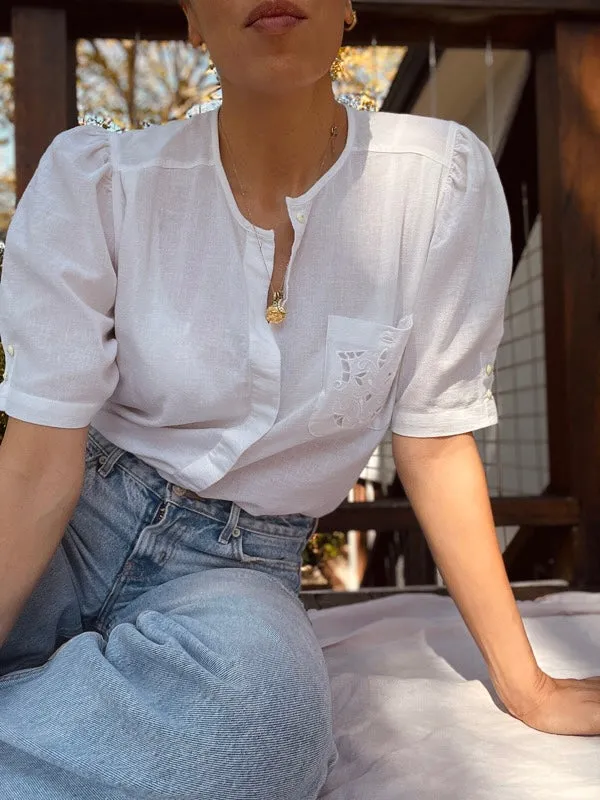 Vintage White Cotton Short-Sleeved Blouse