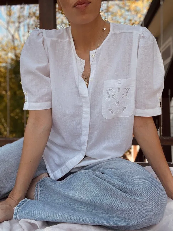 Vintage White Cotton Short-Sleeved Blouse